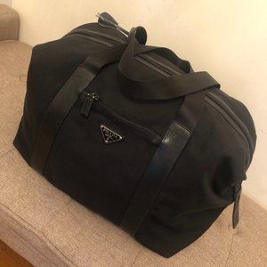 PRADA Saffiano Leather Trimmed Tessuto Weekender Duffle Bag Black